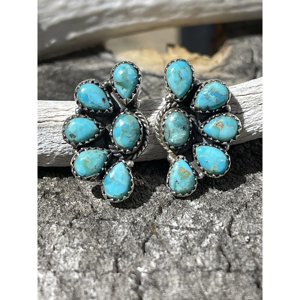 Turquoise Cluster Earrings Sterling Silver Southwestern Native Style Statement - Picture 11 of 11